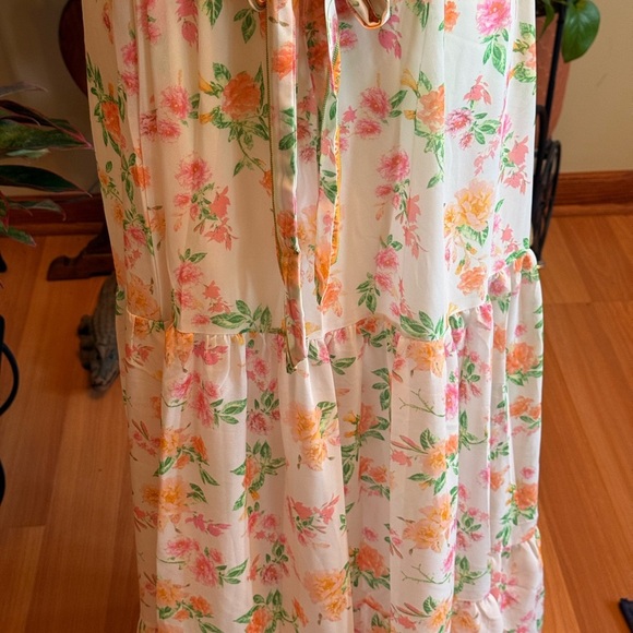 Pink Lily Maxi Ruffled Tiered Size Small Floral Cream Pink Women’s Belted Dress - Picture 4 of 15